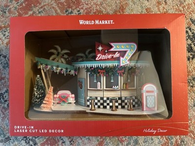 World Market Laser Cut Wood MCM House LED Drive In Diner New In Box!
