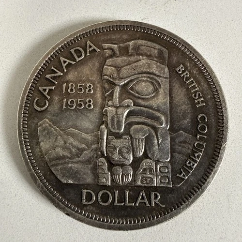 1958 Canadian Totem Pole/British Columbia Silver Dollar - $ 1 Coin, 80% Silver**