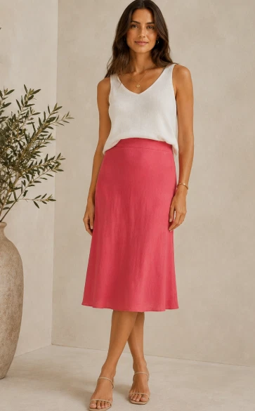 Eileen Fisher Pink Linen Blend Bias Cut Midi Skirt Sz L Minimalist Quiet Luxury