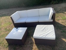 Brown Rattan-Effect Garden Sofa Set with Coffee Table & Footstool