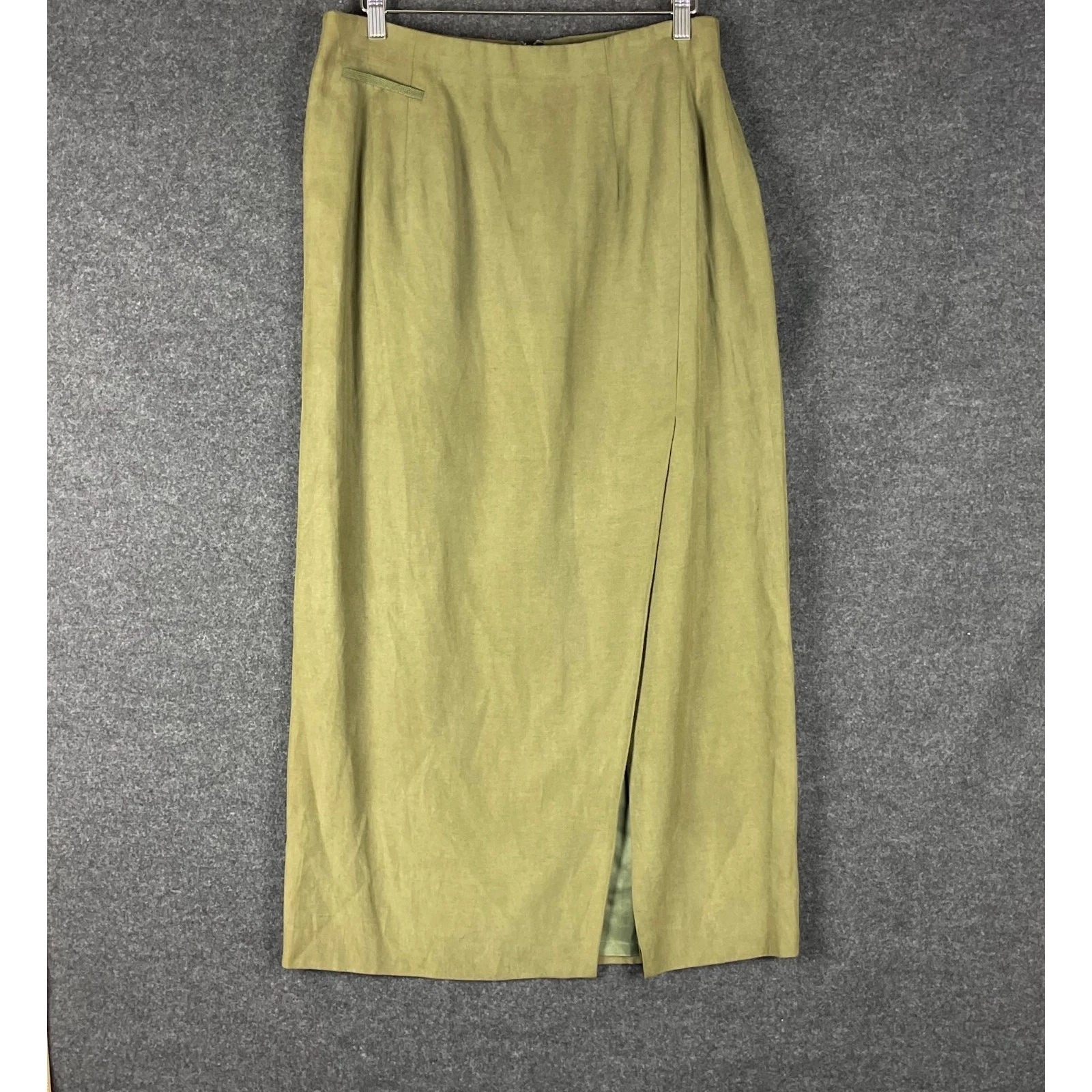 Vintage Worth Silk Linen Long Skirt Women 14 Green Straight Slit Classic Minimal