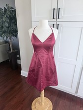 EXPRESS Satin Halter V-Neck Spaghetti Strap Dress in Burgundy Small
