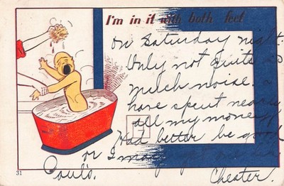 1906 Comic PC of Baby Wailing in the Bathtub - I'm In It with Both Feet