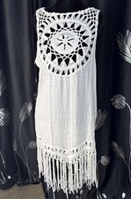 Crochet White Coquette Boho Cotton Y2K Dress Fringe Sleeveless Small Festival