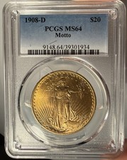 1908-D $20 PCGS MS 64 St. Gaudens Gold Double Eagle - Motto