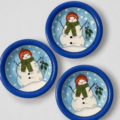 Libby Snowman Dinnerware Set Blue White Holiday Winter Ceramic 8 Piece Set