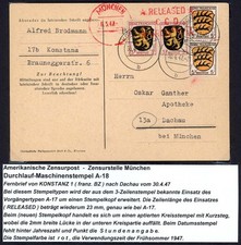 All. Besetzung Postkarte KONSTANZ 30.4.47 nach DACHAU mit US-Zensur 712