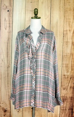 J Jill Tearose Shirt Women 4X Plaid Rayon Relaxed Fit Ruffle Collar NWT