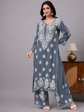 Grey Modal Chikankari Kurti Palazzo Set, Ethnic wear