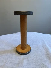 Vintage Antique Industrial Wood Wooden Bobbin Spool 9.5" Tall with yellow ends