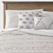 5pc Full/Queen Clipped Stripe Poms Comforter Bedding Set Gray - Threshold: Dobby