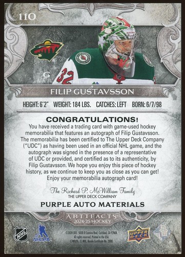 2024 Artifacts Filip Gustavsson Auto Material Purple /10 #110 Minnesota Wild - Picture 2 of 2