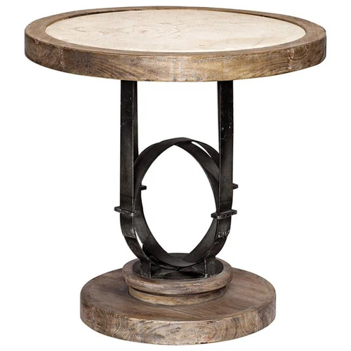 Uttermost Sydney 24" Round Metal Wood Stone Top Accent Table in Light Oak - Picture 1 of 6