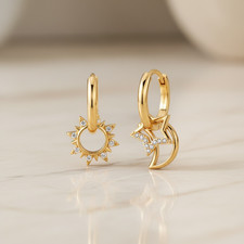 Mismatched Star Earrings   Celestial Sun  Moon Huggie Hoops, Dainty Starburst E
