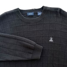 IZOD Men's L Black Grid Textured 100 Cotton Long Sleeve Crewneck Sweater Preppy