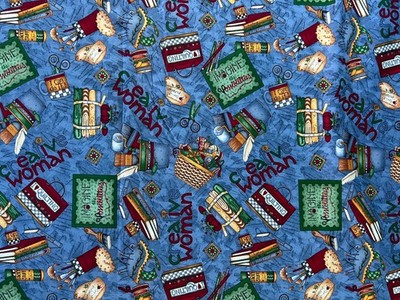 Vtg Debbie Mumm SSI Creative Woman Sewing Notions Blue Fabric by the HALF YARD