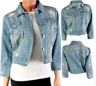 Damen Frauen Jeansjacke Cropped Blau Distressed Jeansmantel 3/4 Arm Freizeit