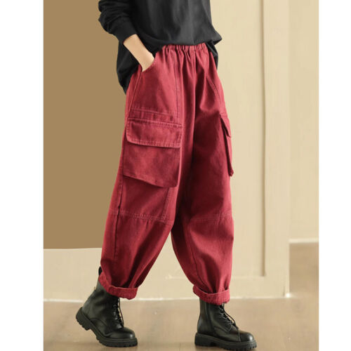 Womens Cotton Loose Cargo Pants Overalls Pockets Elastic Waist Casual Trousers - Picture 3 of 16
