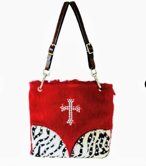 Borsa a tracolla KurtMen design vintage strass cristallo croce rossa pony pelliccia