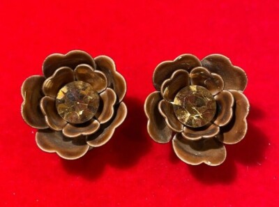 Vintage Lisner Mohnblume Braune Emaille Strass Blumenmuster Ohrclips 5a 4