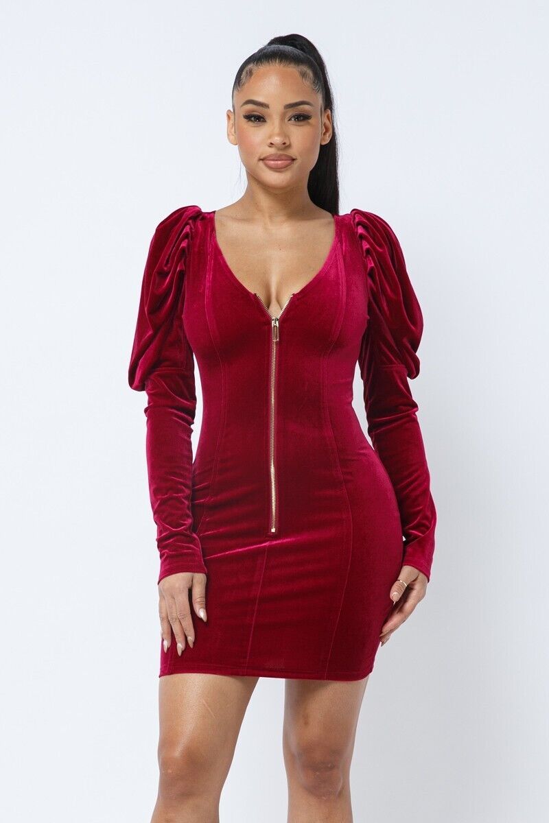 Soft Velvet Pleated Puff Sleeve Low V Neck Front And Back Soft Velvet Pleated Puff Sleeve Low V Neck Front And Back