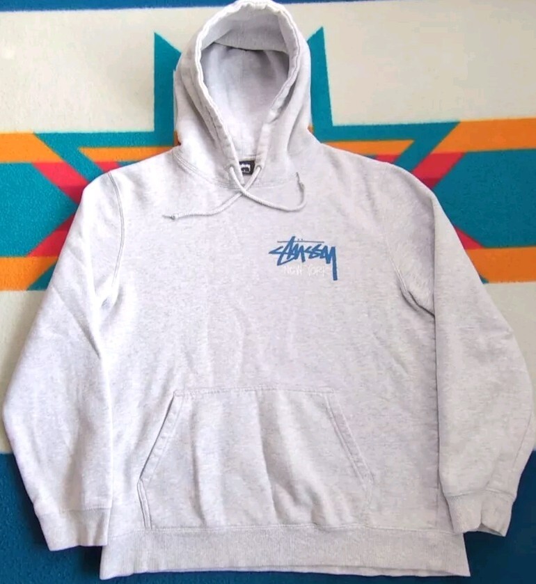 Stussy New York Basic Hoodie Pullover Sweatshirt Streetwear Heather Grey Large