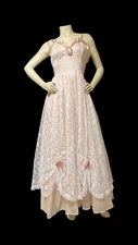 Vtg 80s GUNNE SAX  Pink Satin Dress White Draped Lace Overlay Rosettes COSPLAY