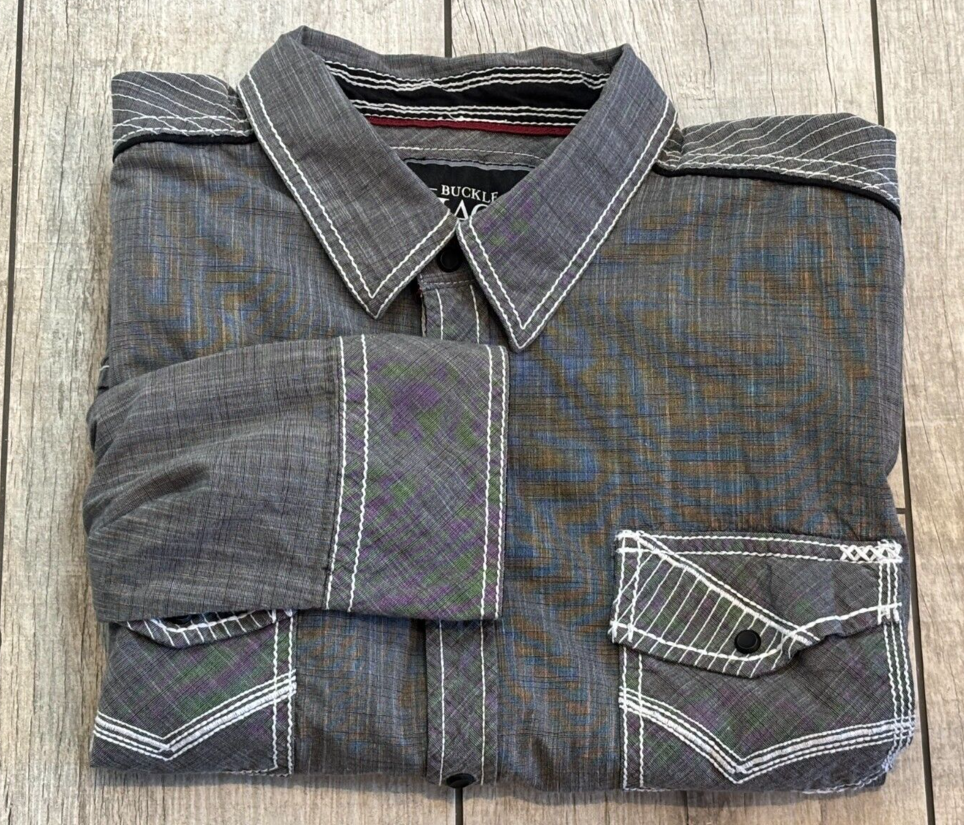 Buckle Black Athletic Fit Snap Up Mens Shirt 2XL Gray Flip Cuff Western Cowboy