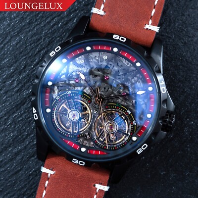 Mens Black Double Flywheel Automatic Mechanical Watch Red Wine Suede Leather