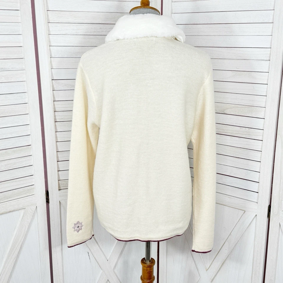 Karen Scott De Colección Suéter Mediano Crema Cárdigan Copo de Nieve Imitación Piel Cuello Lana Foto 4 de 4