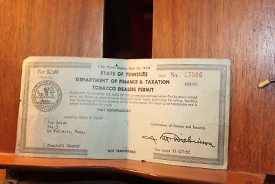 license for tobacco Vintage 1953 State of Tennessee Tobacco License Jay Orick's Place  LaFollette