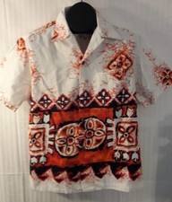 POLYNESIAN BAZAAR Groovy Mod Hawaiian Button Shirt Orange Cotton Luau Party VTG