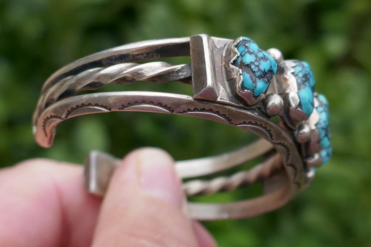 Antique Navajo Sterling Silver & Turquoise Pawn Stamp Work Antique Navajo Sterling Silver & Turquoise Pawn Stamp Work