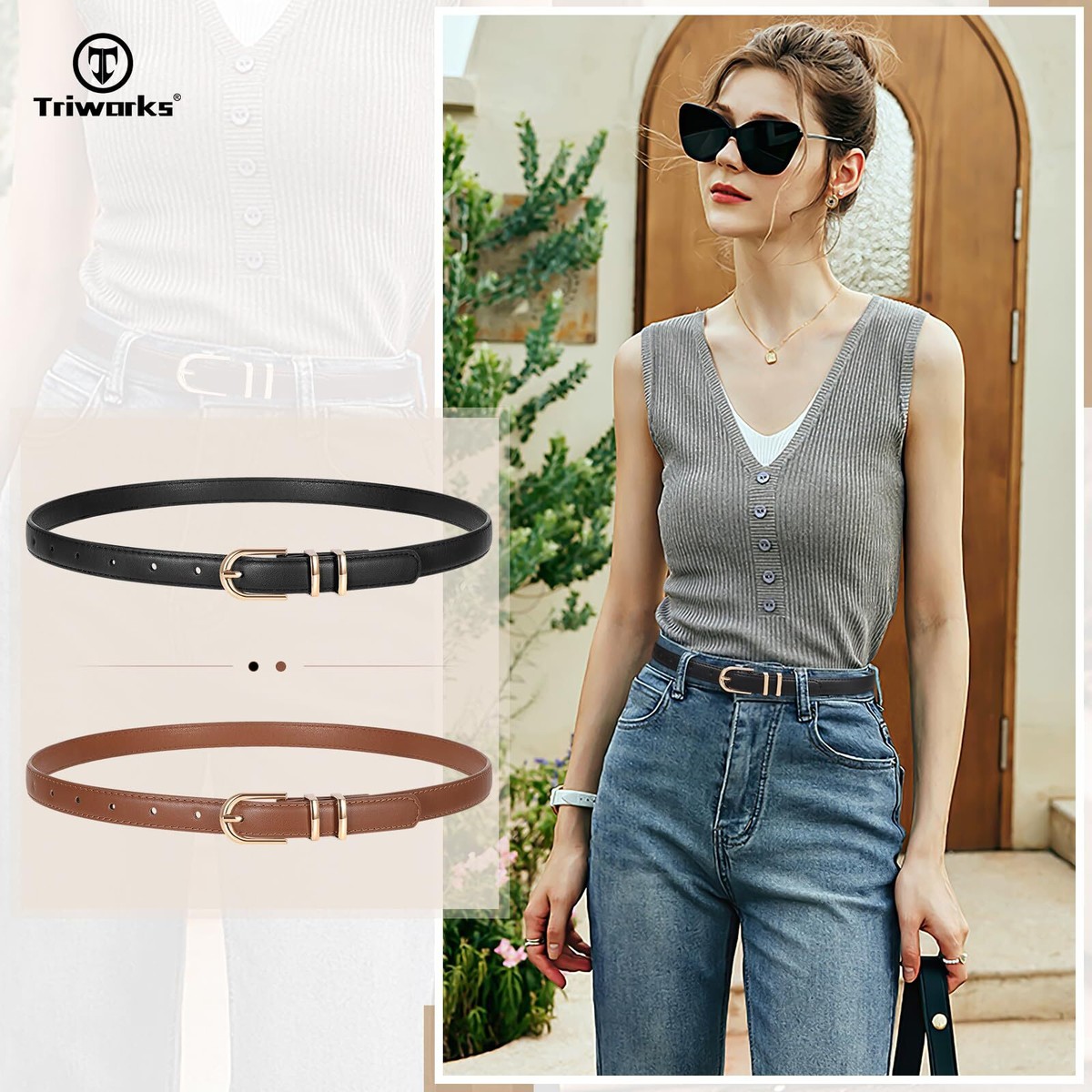 2 Pack Women Skinny Leather Belts for Jeans Pants Thin Faux  display picture 1