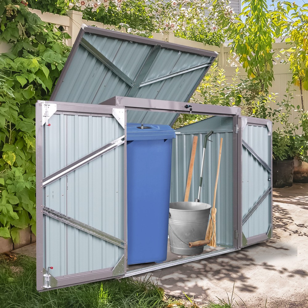 Stores 2 Trash Cans Metal Outdoor Bin Shed