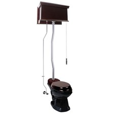 Dark Oak Flat High Tank Toilet with Black Round Bowl and Satin Z-Pipe