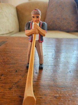 Hand Carved Wooden Swiss Man with Alphorn- 3 3/4'' tall plus separate carved face