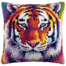 DIY Latch Hook Pillow Kit Colorful Tiger Portrait with Rainbow Easy for Begin...