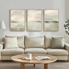 Framed Green Abstract Wall Art for Living Room, 3 Piece Modern Landscape Canv...