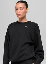 ALO Women's Black Solid Logo Crew Neck Pullover Sweatshirt Long Sleeve