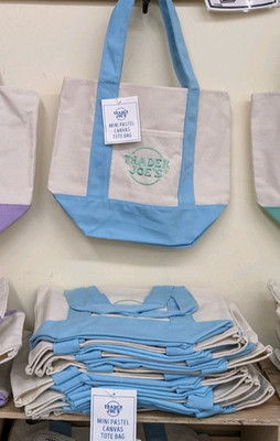 LIMITED EDITION Trader Joe's mini pastel canvas tote bag white & blue strap