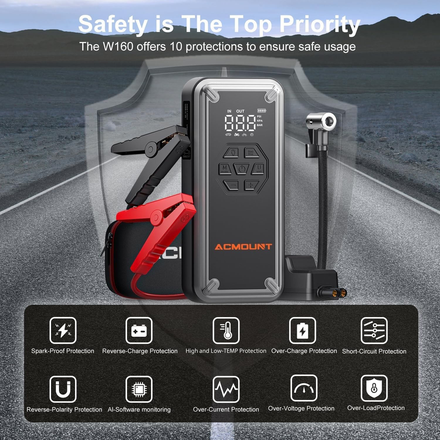 Versatile W160 Jump Starter with Air Compressor - 12V Power & Safety Technology