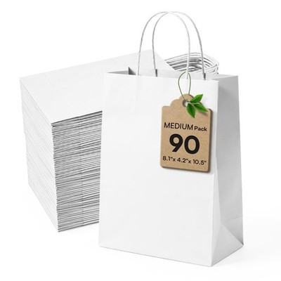 White Paper Bags with Handles for Shopping, Packaging, Retail, Party, Craft