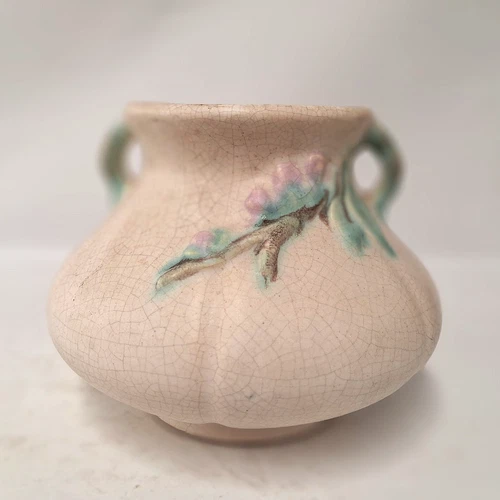 Vintage Weller Pottery Double Handle Vase Crackle Glaze Floral Art Pottery