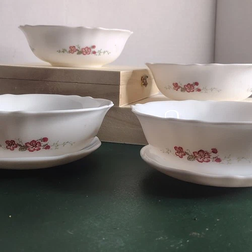 Vintage Arcopal France Wildflowers Milk Glass Bowl & Saucer Set - Lot of 6