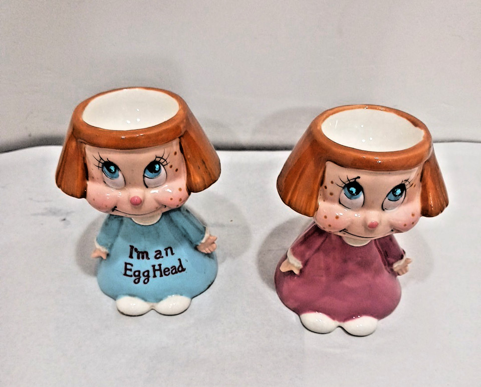 Genuine mid-century Kreiss Egghead egg cups from Japan — these grinning anthropomorphic faces are the kind of MCM kitsch that stops people dead in their tracks.