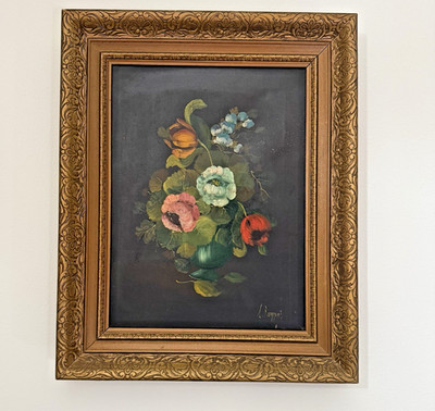 Vintage Vito Ruggeri Signed Oil Painting Floral Still Life Ornate Gold Frame 21''