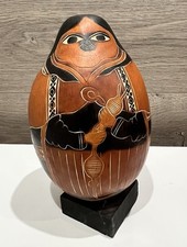 Hand Carved  Painted Folk Art Gourd Maraca Instrument Peru Deco Vintage 8  Tall