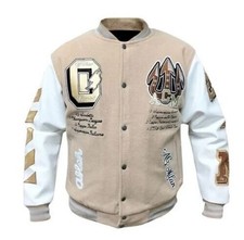 Chaqueta Letterman Bomber Clásica Universitaria Alta Calidad Lana Pura AC Off White Para Hombre
