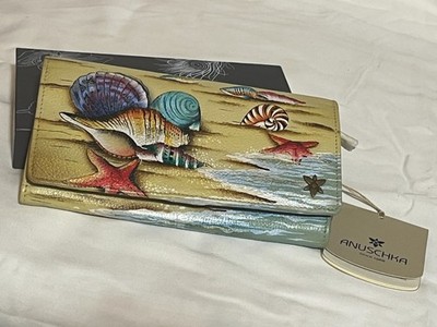 New ANUSCHKA Flap Snap WALLET Clutch BEACH Sea SHELLS Ocean Life RFID Summer NIB